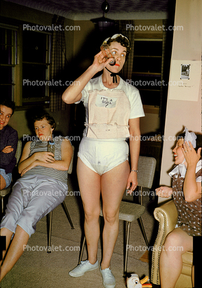 The Baby at the Baby Shower, Adult Baby Girl, diapers, panties, bottle, funny, fun, abdl, 1950s