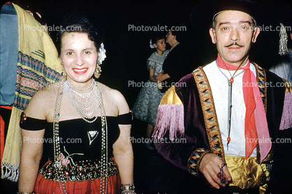 Woman, Man, mustache, necklace, smiles, Matador, Spanish, 1950s