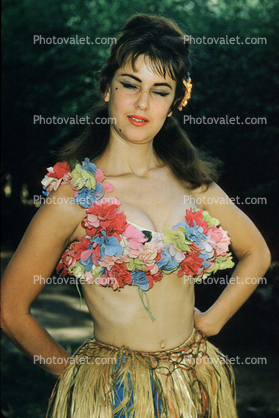 Woman, Grass Skirt, flowery, flowers, belly button