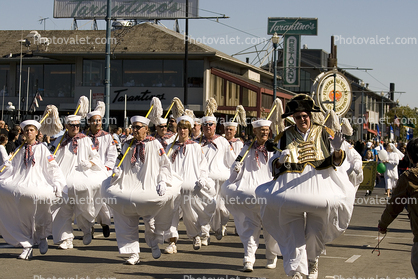 Marching blowton sailors, strange costume