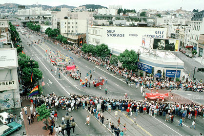 Buildings, Skyline, Cityscape, Crowds, Onlookers, Market Street, Castro District