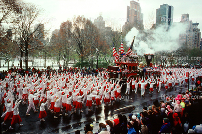 Flags, Steam Engine, Train, Macy's Thanksgiving Day Parade, Manhattan, autumn