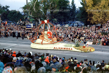 Santa Claus, sled, bell, elves, bowtie, Alhambra, Rose Parade, 1950, 1950s
