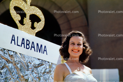 miss Alabama float, crown, Miss Universe Parade, Long Beach, California, July 1955, 1950s
