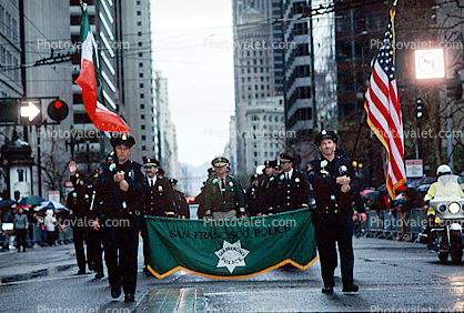 San Francisco Police Color Guard, Saint Patrick's Parade, down Market Street, buildings