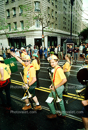 Trombone, yellow line, marching band, Saint Patrick's Parade, down Market Street