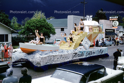 Women on a float, swimsuits, Florida Southern College, Lakeland, Boaters, Strawberry Festival, Lakeland Parade, 1950s