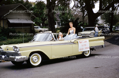 Ford Fairlane, Car, automobile, Strawberry Festival, Woman, Lakeland Parade, street, road, 1950s