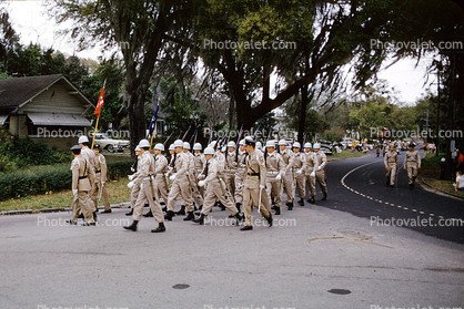 ROTC Marching, helmets, soldiers, Lakeland Parade, 1950s