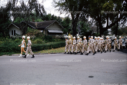 ROTC Marching, helmets, soldiers, Lakeland Parade, 1950s