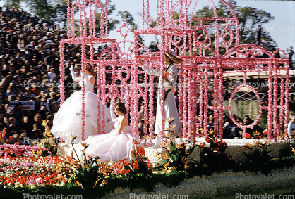 Matrix of Pink Flowers, Women, Rose Parade, January 1961, 1960s
