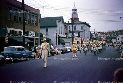 Marching Drum Corps, car, automobile, vehicle, street, road, Erie County, 1950s