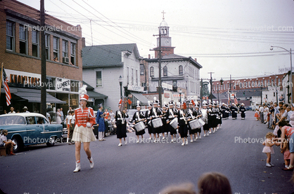 Marching Band, Drum Corps, Majorette, car, automobile, vehicle, street, road, 1950s