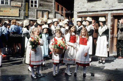 Girls, Uniform, Flowers, Corpus Cristi Day, Zermatt, Switzerland, 1960s