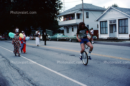 Unicycle, clowns, Sulfer Springs Sesquicentennial Parade, Tiro-Auburn, Ohio, July 1983, 1980s