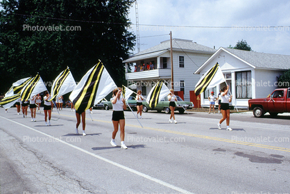 Marching Band, girls, shorts, flags, houses, Tiro-Auburn, Ohio, July 1983, 1980s