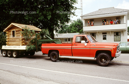 Log Cabin, Sunny Slopes Forest, Ford Pickup Truck, Sulfer Springs Sesquicentennial Parade, Tiro-Auburn, Ohio, July 1983, 1980s