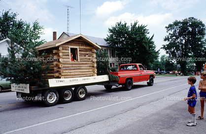 Log Cabin, Sunny Slopes Forest, Sulfer Springs Sesquicentennial Parade, Tiro-Auburn, Ohio, July 1983, 1980s