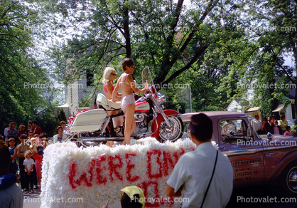 Bikini Ladies on a Motorcycle float, pickup truck, 1960s, Crowds, people