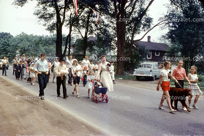 Car, strollers, dogs, men, women, girls, Pet Parade, June 12 1957, 1950s