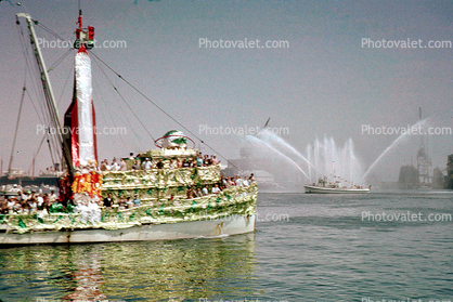 Rocket, water spraying fireboat, Fishermen's Fiesta, San Pedro, September 1962, 1960s