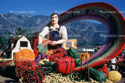 Farmer Feeds America, Man, Cornucopia, Rainbow, Pumpkin, Barn, Cucumber, Lemon, Artichoke, Grapes, Rose Parade, 1975, 1970s