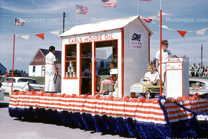 Carls Moore Oil, Boy, Flags, Pedal Car, Gasoline Pump, Service Station, 1960s