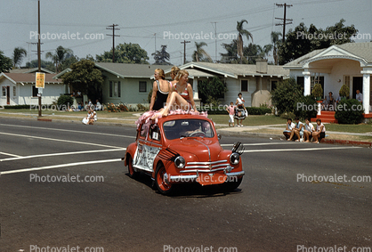 Mini Car, girls, woman, bathing suits, home, house, August 1958, 1950s