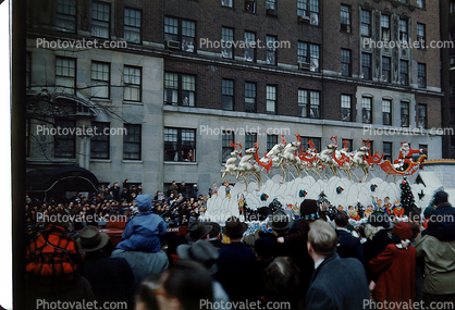 Santa Clause on his sled, reindeer, People Crowds, Macy's Thanksgiving Day Parade, 1949