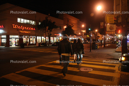 Crosswalk, nighttime, night, Walgreens Pharmacy, Cow Hollow