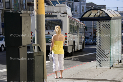 Bus Stop, Woman, Fillmore Street, Line-22, Union Street Shopping District