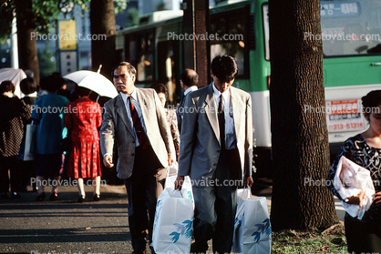 Tokyo, Man with Bags, Umbrella, Walking