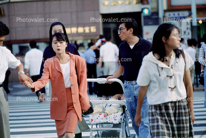 Crosswalk, pram, pushcart, infant, baby, Ginza District, Tokyo