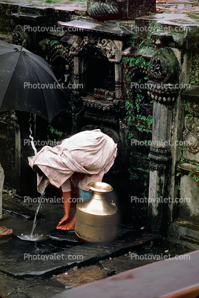Woman, Washing, Jar, Fountain, Kathmandu, Nepal