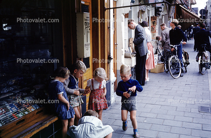 Children Playing on a Sidewalk, stores, shops, Groninger, Netherlands, September 1959, 1950s
