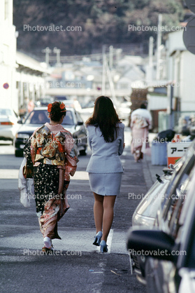 Women Walking on a Sidewalk, Kimono, Dress, Skirt