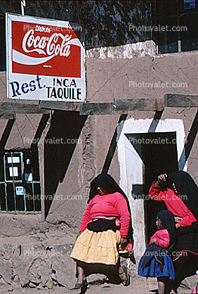 coca cola, coke, sign, Coca-Cola, Women, Adobe, Inca, Sign, Isla Taquile, Lake Titicaca, peru
