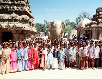 Group portrait, girls, guys, boys, male, female, elephant, Sacred Temple