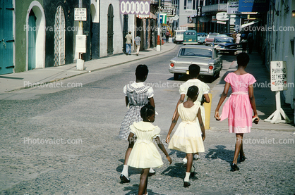 Girls crossing the Street, dress, walking, dresses, formal dress, Ford Falcon, Cars, Automobile, Vehicles, May 1965, 1960s