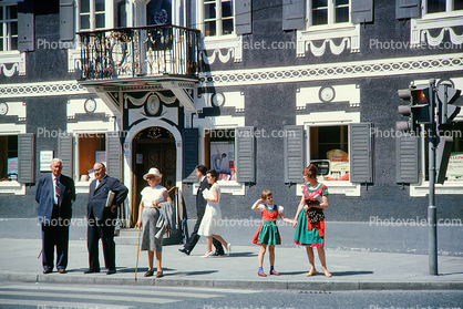 Men, woman, Man, girl, female, costume dress, sidewalk, building, 1963, 1960s