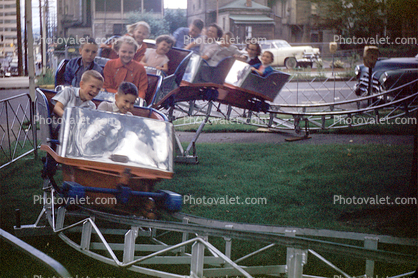 Boys, Girls, smiles, fun, Mini Roller Coaster, Portland Oregon, cars, automobiles, vehicles, August 1959, 1950s