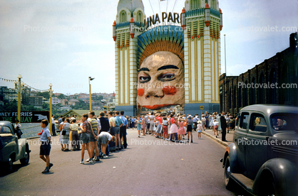 Luna Park, People, children, Cars, Automobile, Vehicle, Sydney Australia, December 1956, 1950s