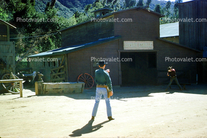 Livery Stable, Barn, Old Time Western Town, Gunfight, Shootout, Cowboys, Men, March 1961, 1960s