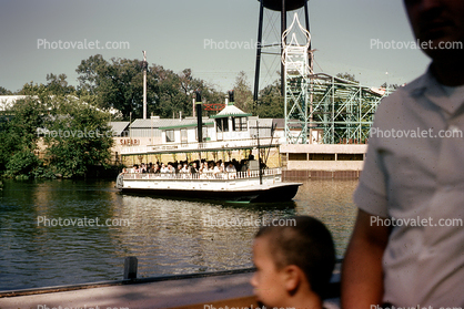 ferry boat, passengers, river, Story Book Forest, May 1964, 1960s, Ligonier Pennsylvania