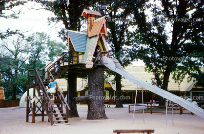 Long Slide, A-Frame house, shops, buildings, Santa's Village Amusement Park, Dundee Illinois, June 1962, 1960s