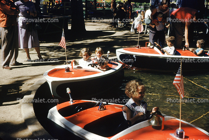 Kiddie Boat Ride, pond, girl, September 1955, 1950s