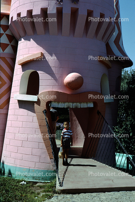 Boy, Drawbridge, Castle Face, pink building, July 1964, 1960s
