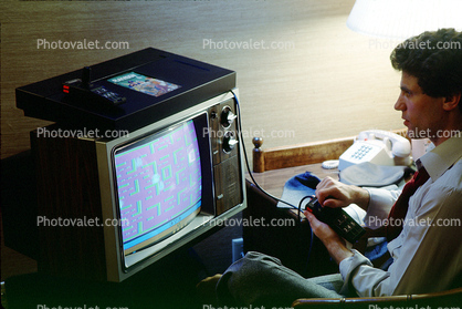 Man Playing Video Games, Atari Game, 1980s, Atari, Playvision, Television, Monitor