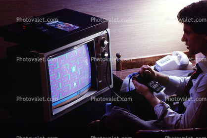Man Playing Video Games, Atari Game, 1980s, Atari, Playvision, Television Screen, Monitor