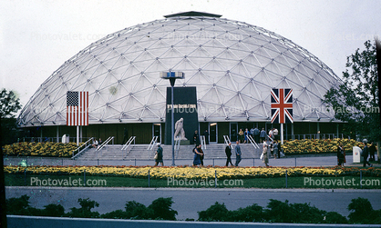 World's Fair Building, Churchill Tribute, Geodesic Dome, Flags